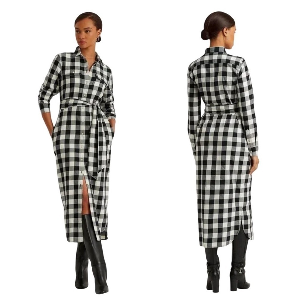 Polo Ralph Lauren Madras Belted Cotton Twill Shirtdress Gingham Black & White 0